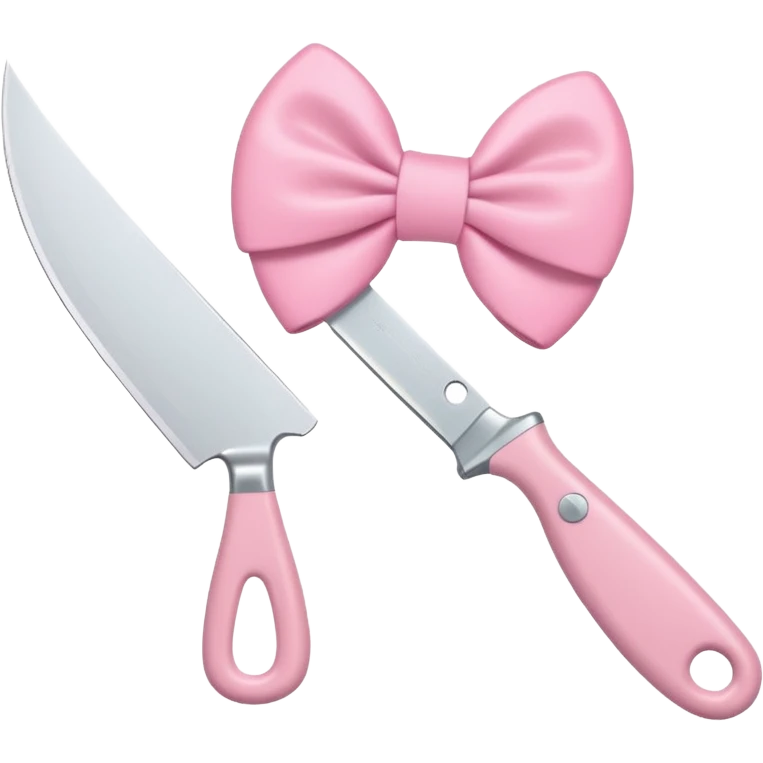 Cute emoji style illustration of a kitchen knife with a pink bow tied directly around the handle of the knife, not floating, not separate, kawaii style, rounded shapes, pastel colors, friendly look, flat vector design, white or transparent background, simple emoji icon emoji