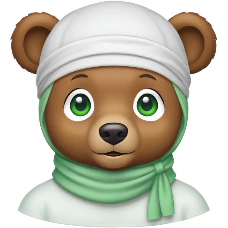 Cute brown bear head with green eyes wearing a white durag, hip style, iOS emoji style emoji
