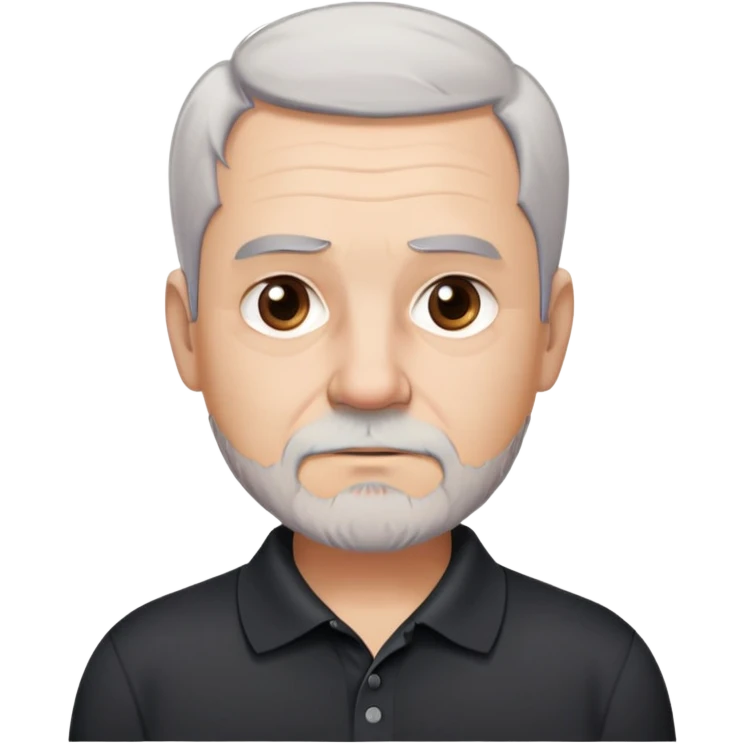 Charismatic older man in his late 50s with light skin, round face with wide features, expressive dark brown eyes, thick slightly arched eyebrows, short white-gray hair with receding hairline, gray scruff beard, neutral-serious expression, wearing black polo shirt emoji