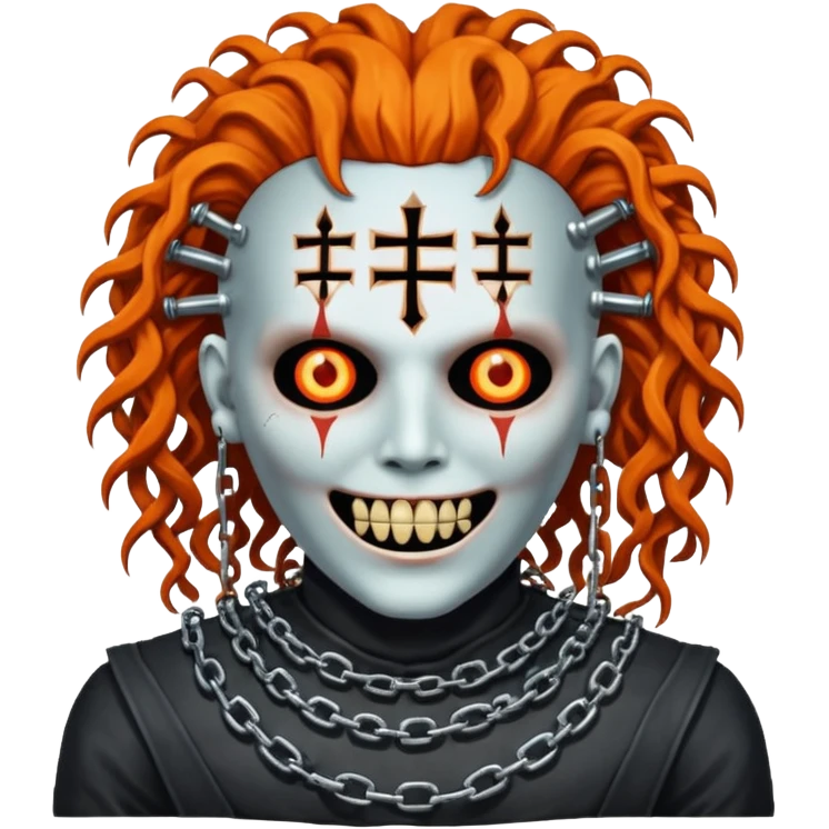 pinhead Hellraiser corpse made of rusty metal with chains on its teeth, huge curly orange hair emoji