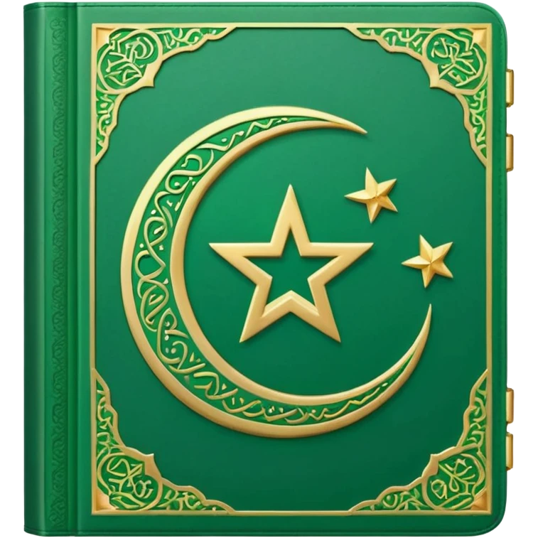Closed Quran with the Islamic Symbol on it (moon and star) green from left to right emoji
