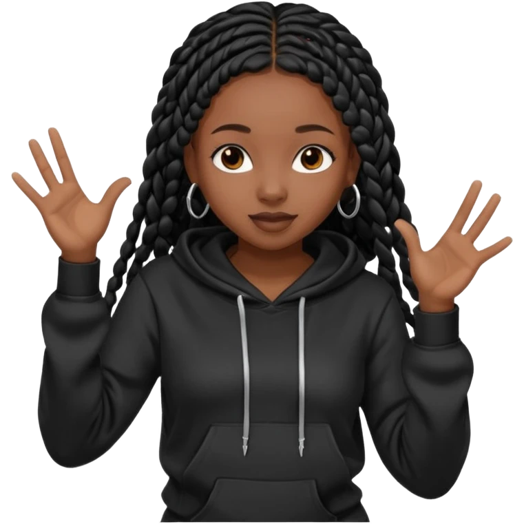 African American girl dark skin with long black box braids wearing plain black hoodie with hands dancing emoji