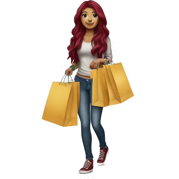 Beautiful tattooed burgundy long haired woman carrying a lot of shopping bags emoji