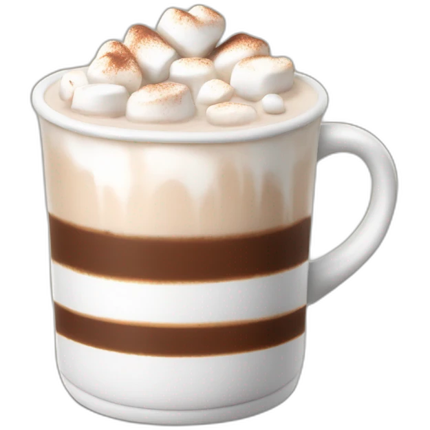 white mug of hot chocolate with cinnamon and marshmallows and whipped cream emoji