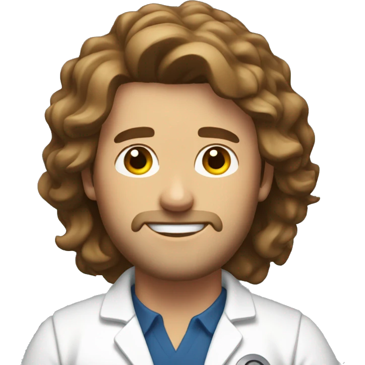 male physical therapist with brown wavy hair and white coat emoji