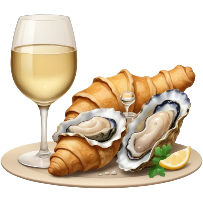 French cuisine humanless avatar in clean emoji-style illustration. 1 Croissant, oysters and wine glass, soft beige tones, simple shapes, flat design, refined and cozy. emoji
