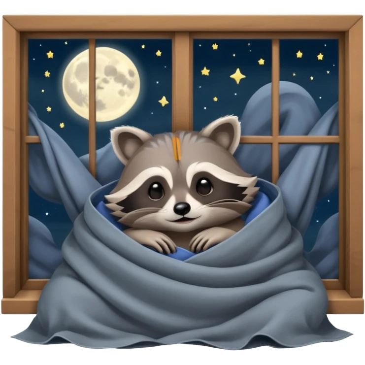 A raccoon sleeps under a blanket against the backdrop of an open window with the moon emoji