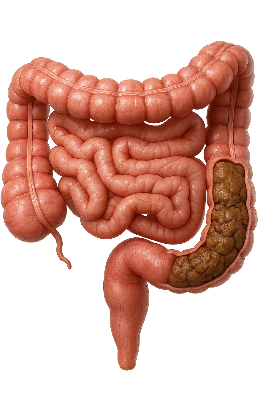 intestino umano anatomico realistico con feci bloccate nel colon, iperrealistico 4k emoji