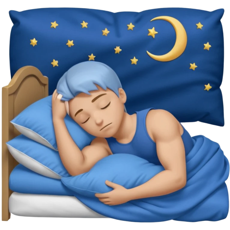 A young muscular male with short dark-blonde hair and medium-light skin, wearing blue cloth. He sleeps on his side, holding a soft white pillow, his head on a smooth blue pillow. A sleeping symbol floats above him in the dark, nighttime scene. A flowing blue blanket with silky folds covers him. emoji