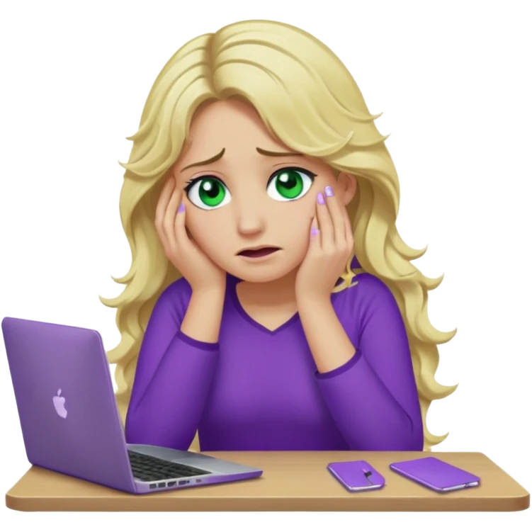 lady with long wavy blonde hair, purple top, green eyes, elbow on desk with hand on face, with a purple mac laptop tears down face. emoji