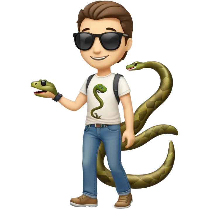 friendly anthropomorphised snake in jeans, t-shirt, dark sunglasses, walking with a smile emoji