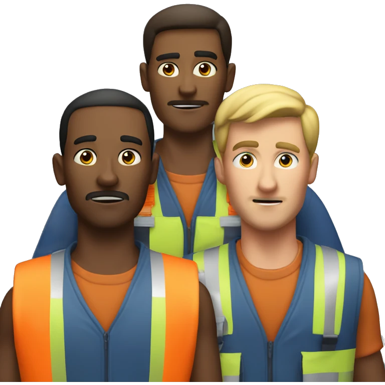 A team of 3 men and one has a warning vest
 emoji