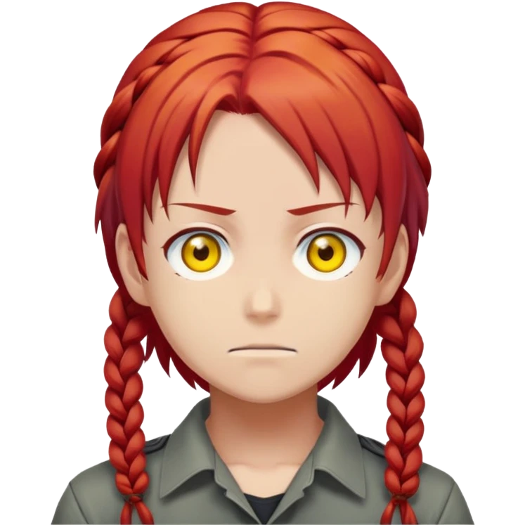 Makima from anime Chainsaw Man emoji style, stern look, red hair with braid, yellow eyes emoji