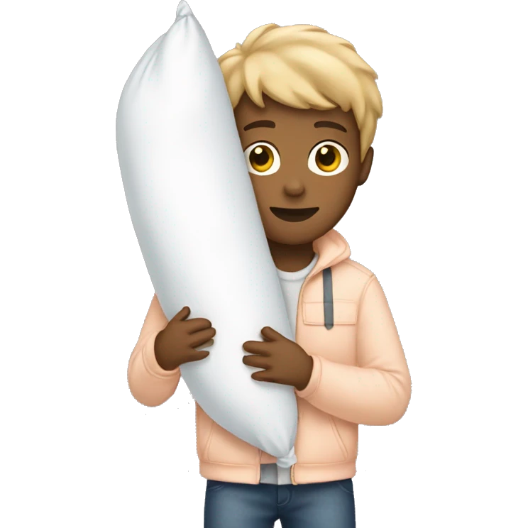A boy with a light peach jacket holding a white body pillow emoji