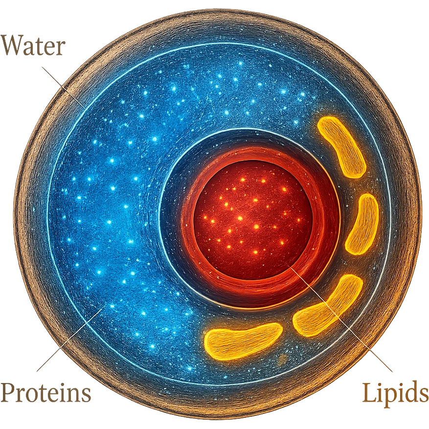 Zelle, deren Inhalt leuchtet in verschiedenen Farben (z. B. blau für Wasser, rot für Proteine, gelb für Lipide emoji