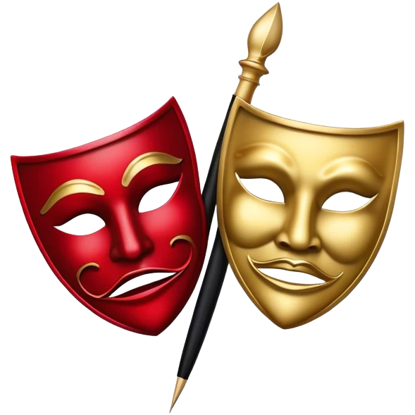 Create a bold and dramatic emoji representing the art of playwriting. The design should feature an open script or a theater playbook, with stylized text lines or dramatic dialogue inside. Include elements like a theatrical comedy and tragedy masks, a stage spotlight, or a writting quill to symbolize creativity and performance. Use deep, contrasting colors like red, black, and gold to evoke the intensity and passion of drama. The overall design should feel dramatic, inspiring, and artistic. Make the background transparent. emoji