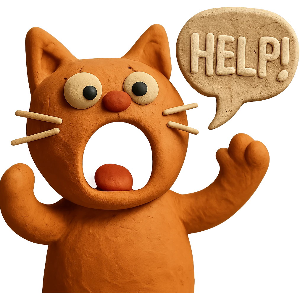 claymation style cute cat, mouth wide, shouting 'Help!' emoji