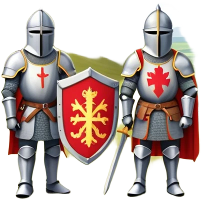  historical reenactment scene with knights in armor standing near Hadrian's Wall, emphasizing the division between Scotland and England. emoji