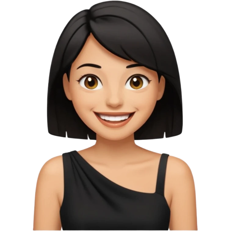 black short shoulder length hair tanned woman, black dress doing girly things emoji