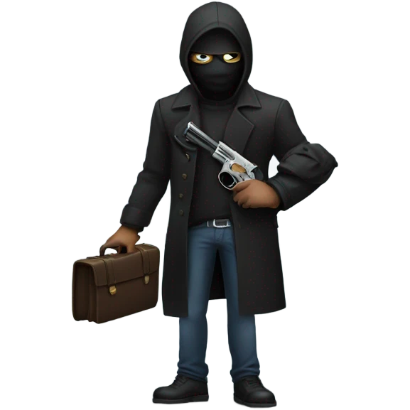 male robber with a mask, a black jacket, a breifcase and a gun emoji