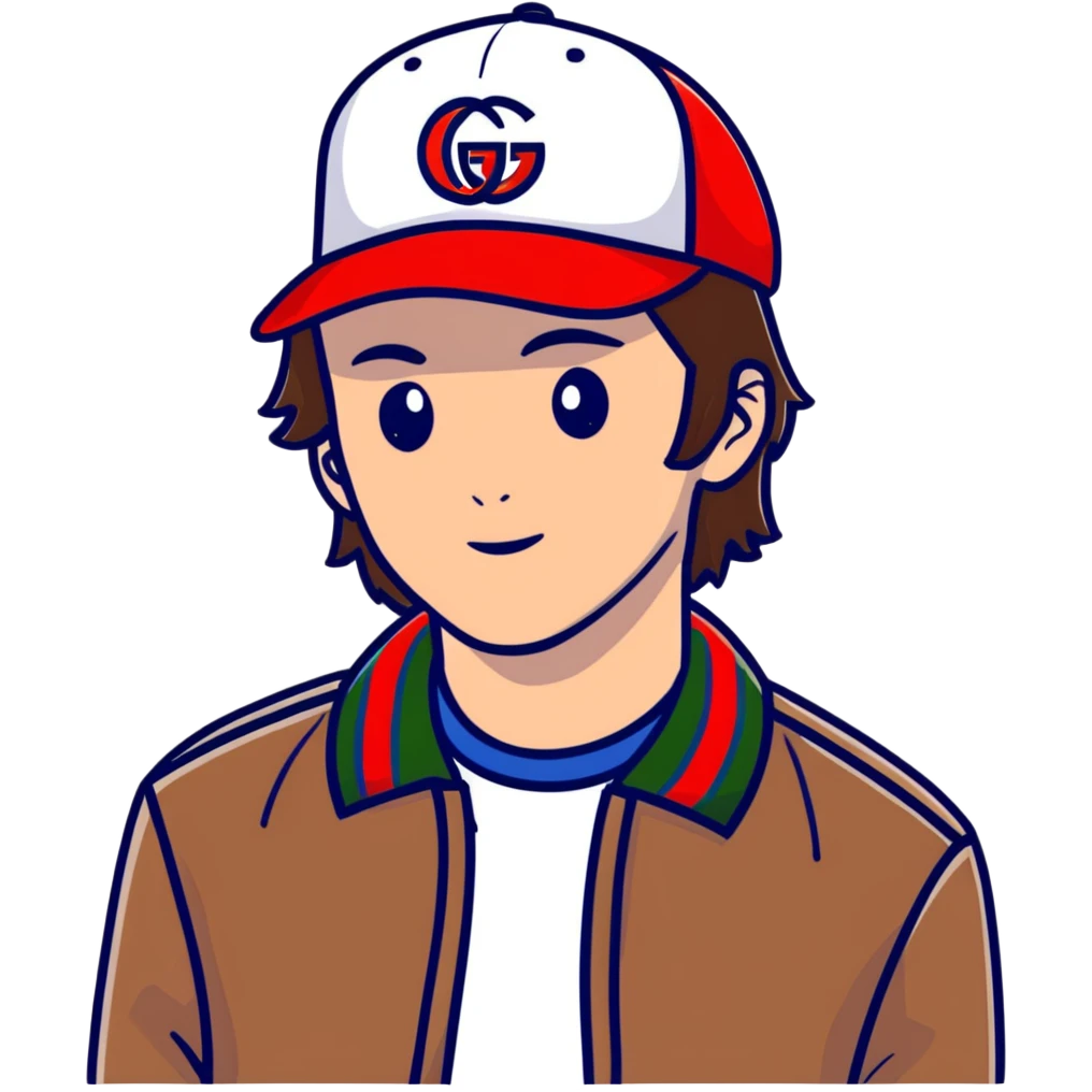 man with medium-length brown hair, Gucci cap emoji