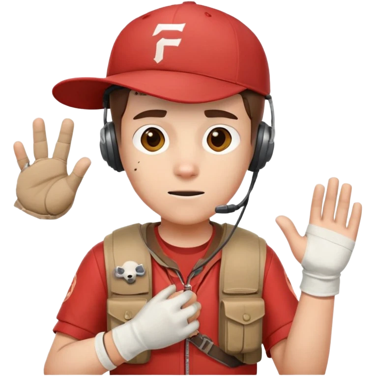 Team Fortress 2 Scout with red shirt, headset, baseball cap, dog tags, and bandages on hands emoji