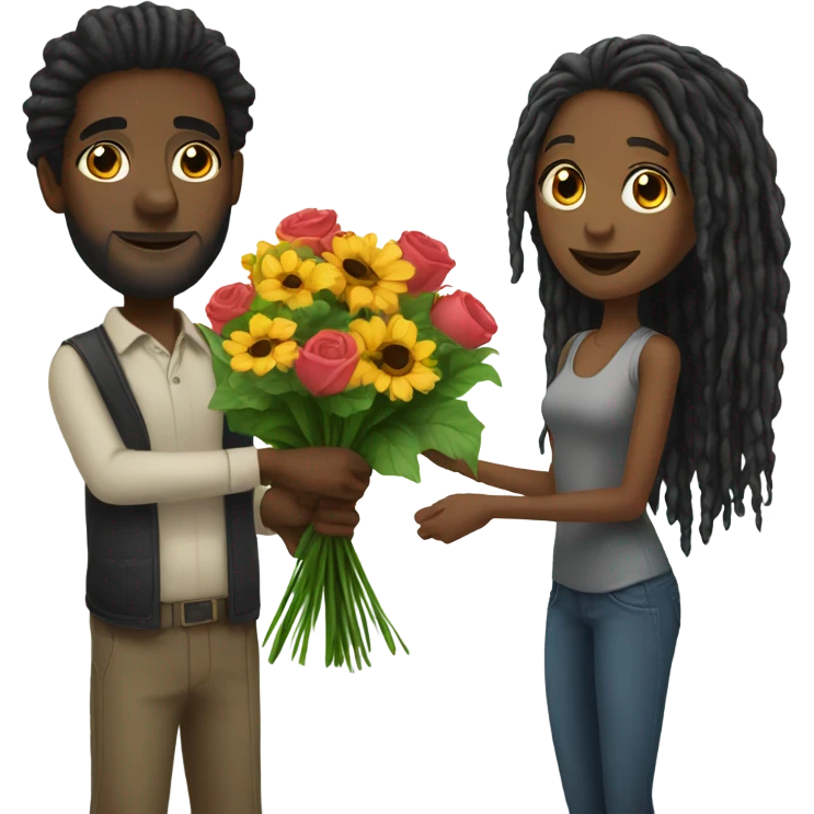 Black man giving black girl with long dreadlocks flowers  emoji