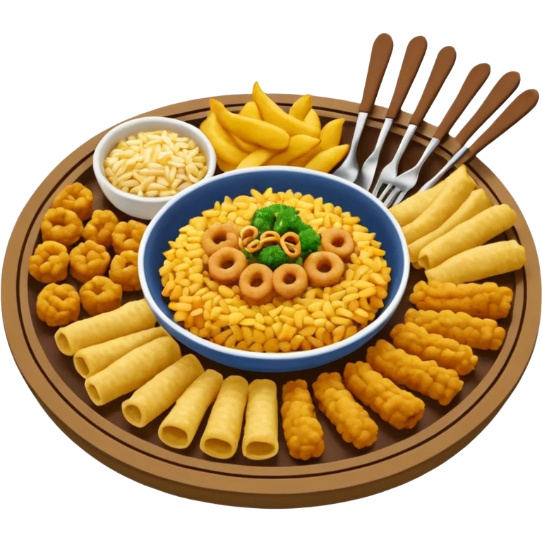 Plato redondo visto desde arriba con tiras gruesas de chicharrón crujiente dorado, acompañado de arroz frito con vegetales (zanahoria, arvejas, cebollín) y pequeños cubos de colores, emoji