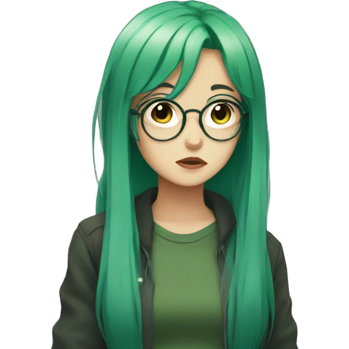 anime girl with glasses and green hair  sad emoji