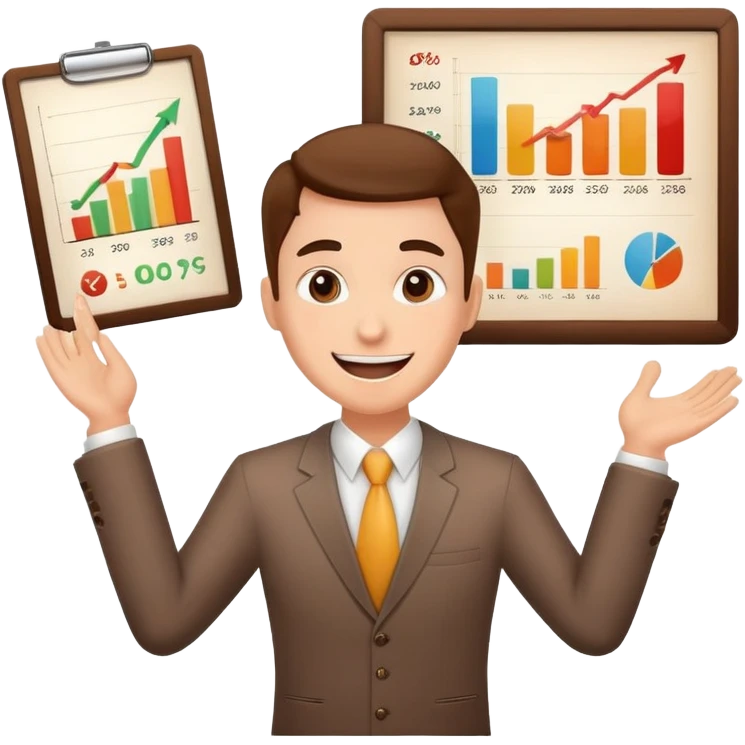 Enthusiastic salesperson with sales chart showing success emoji