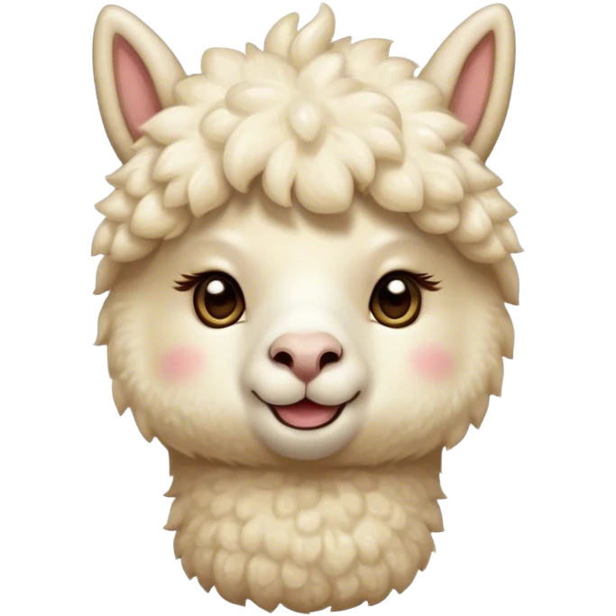 Cinematic Cute Cream Alpaca Portrait Emoji, Head tilted playfully and inquisitively, featuring a fluffy, cream fleece with a natural sheen, round, sparkling gentle eyes filled with curiosity, Simplified yet irresistibly adorable features, highly detailed, glowing with a warm, friendly glow, high shine, affectionate and gentle, stylized with a touch of whimsy, bright and endearing, soft glowing outline, capturing the essence of a mischievous yet loving alpaca, so playful it feels like it could prance out of the screen and into your arms! emoji