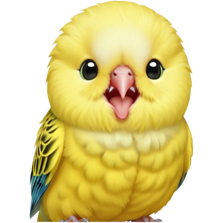 Cinematic Cute Yawning Yellow Budgie Portrait Emoji, Head tilted slightly with a dramatic, wide-open yawn, showcasing a soft, downy yellow feathered fur with gently drooping wings, round dark eyes barely open in drowsy contentment, Simplified yet irresistibly adorable features, highly detailed, glowing with a soft, cozy glow, high shine, relaxed yet expressive, stylized with a touch of whimsy, bright and endearing, soft glowing outline, capturing the essence of a sleepy yet affectionate budgie, so drowsy it feels like it could stretch out of the screen and curl up for a nap! emoji
