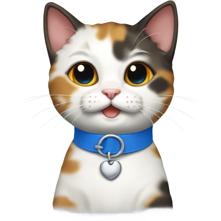 happy cute tortoiseshell white cat with blue cat collar, full body,  from half side perspective  emoji