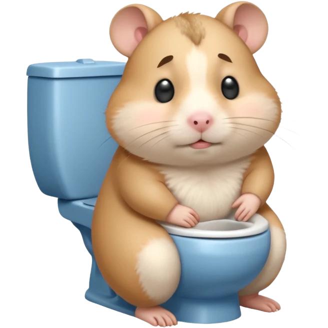 Cute chubby cartoon-style hamster sitting on toilet pooping looking as if he had an accident emoji