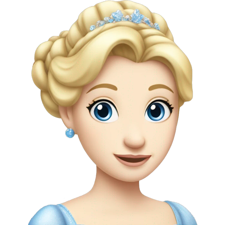 Cinderella with her hair in a bun. Bright blonde hair and pale skin. She has blue eyes. Her cinderella dress sparkling emoji