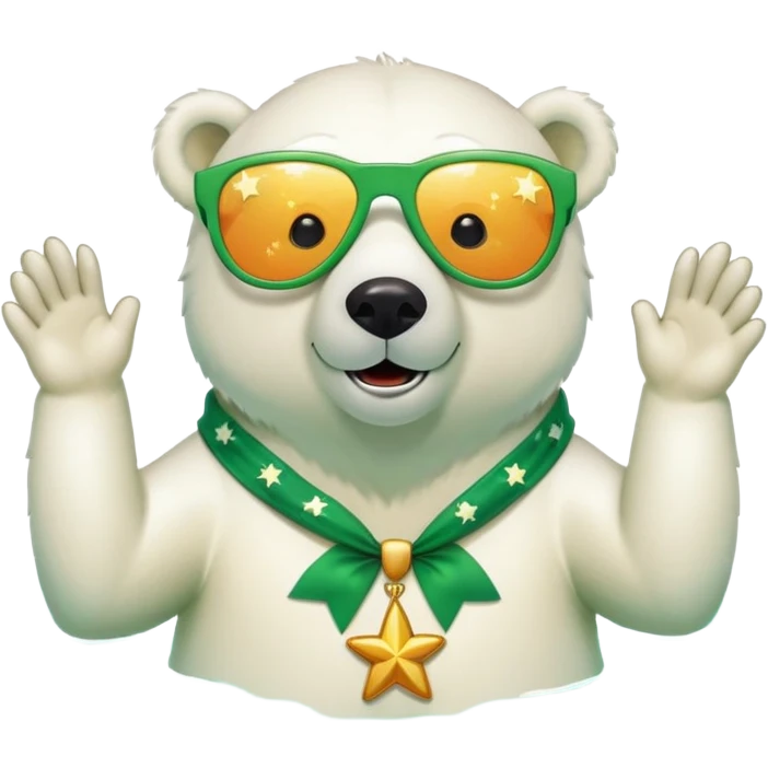 friendly anthropomorphised polar bear wearing oversized colorful star glasses and festive St. Patrick's Day outfit, swimming with joyful expression emoji