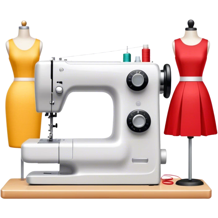 Sewing icon, sewing machine with thread, visible needle, spools of thread, fabric pieces cut according to patterns, measuring tape, pins, scissors, and dresses on mannequins, minimalistic style, clean lines, transparent background. emoji