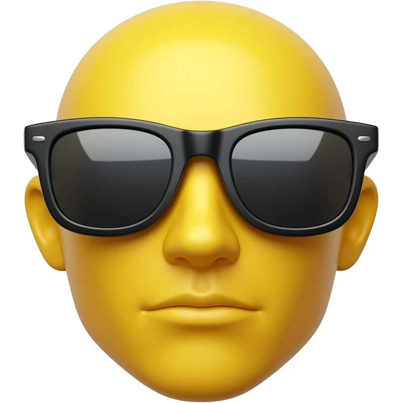 Emoji de cara amarilla con gafas de sol gira lentamente, la luz se refleja en su superficie, el fondo de cuadrícula transparente permanece estático. hacer que el emoji se vea mas moderno y que el fondo sea blanco darle un toque futurista y en 3d darle un asapecto agresivo emoji