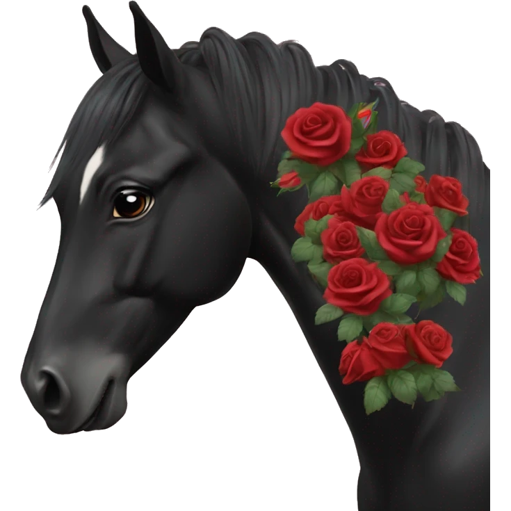 All black horse with roses in its hair ￼ emoji