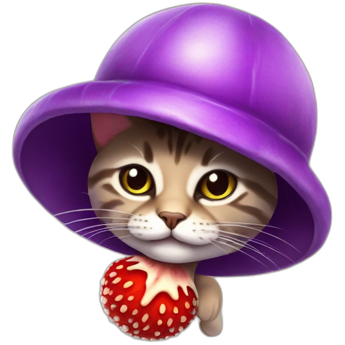 Purple cat in a fly agaric hat smiles evilly emoji