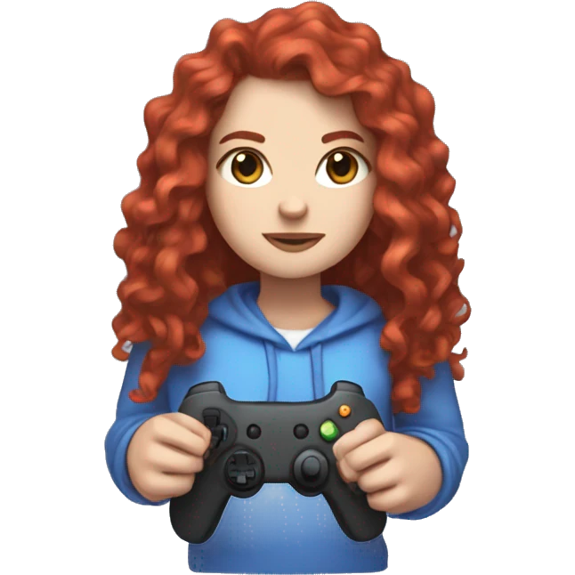 a white girl with long red curly hair, wearing periwinkle Minecraft hoodie holding a controller emoji