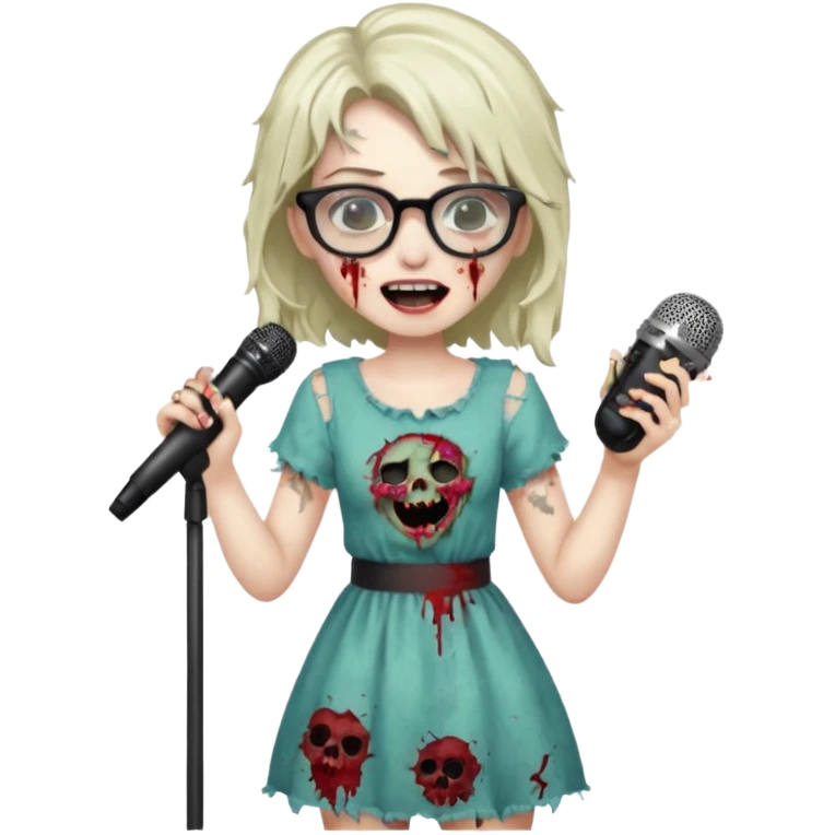 singer, Zombie girl, super happy, wearing dress, singing to mic, glasses emoji