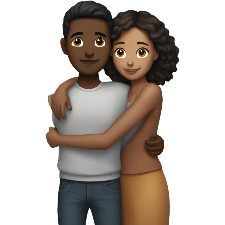 Interracial brunette couple hugging emoji