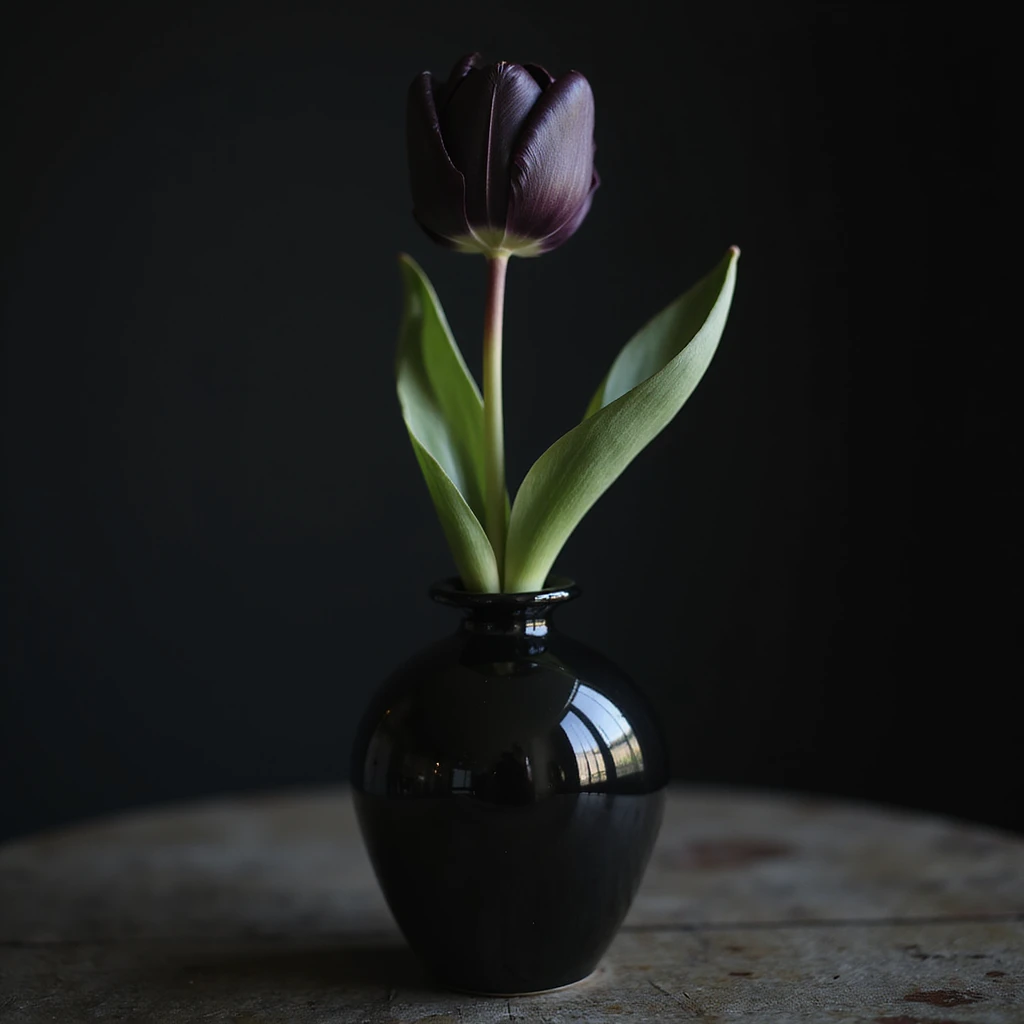 realistic goth tulip with black petals in a gothic vase, photorealistic style emoji