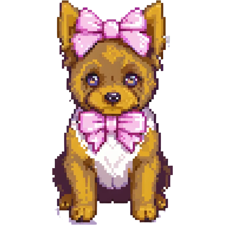 cute yorkshire dog wearing a pink bow, pixel art style emoji