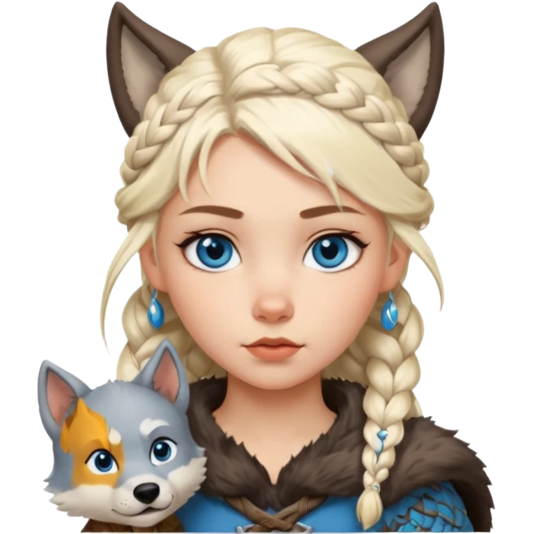 Viking platinum blonde girl with braid and blue eyes. Wolf pet emoji