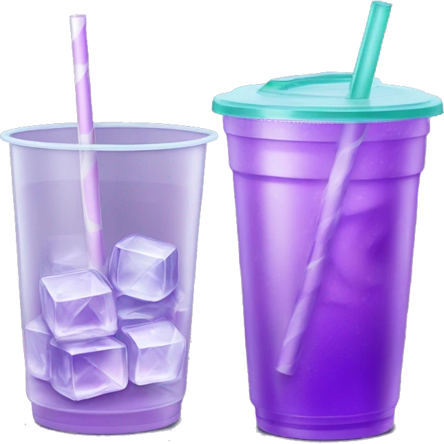 Realistic plastic cup and lid with Transluscent Light purple soda and large ice cubes inside and one straw through the top of the lid. emoji