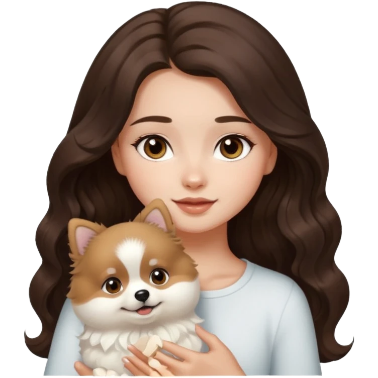 light-skinned-girl-wavy-dark-brown-long-without-volume-hair-brown-eyes-petting-light-white-pomeranian emoji