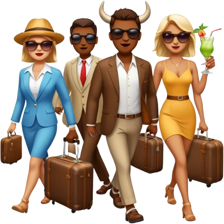 generate an emoji of a group of up to 8 male and female bulls travelling together on holidays. One bull has a suitcase, one has sunglasses, one is carrying a cocktail. They're all in motion, walking together emoji