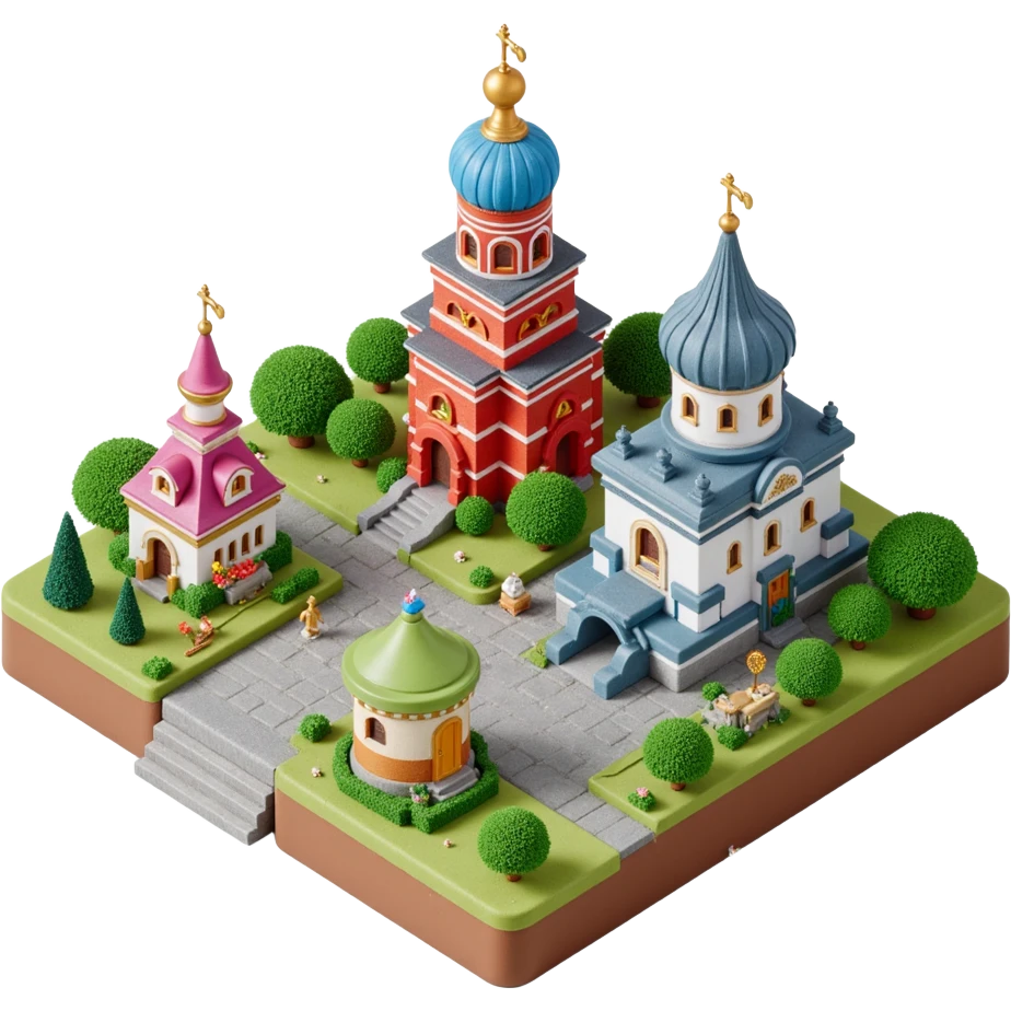 Isometric miniature 3D city with iconic landmarks of Moscow, colorful stylized buildings, cartoon realism emoji
